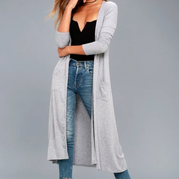 Lulus Sweaters - Lulu's Grey Full Length Long Sleeve Cardigan Duster Size small